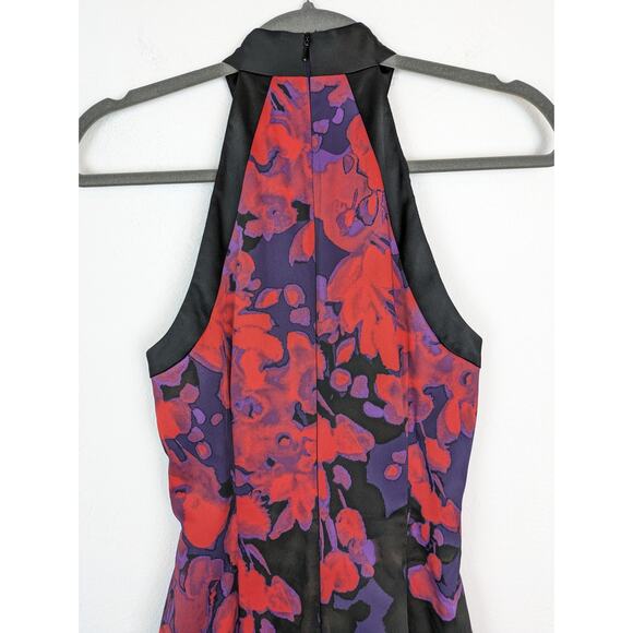 Karen Millen Dress Halter Floral Satin Cocktail Purple Red Black Designer Size 6 - Picture 7 of 13